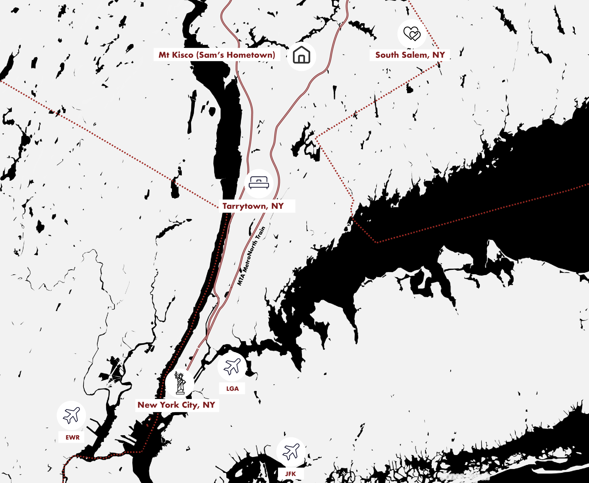 map of New York showing the wedding venue and local airports